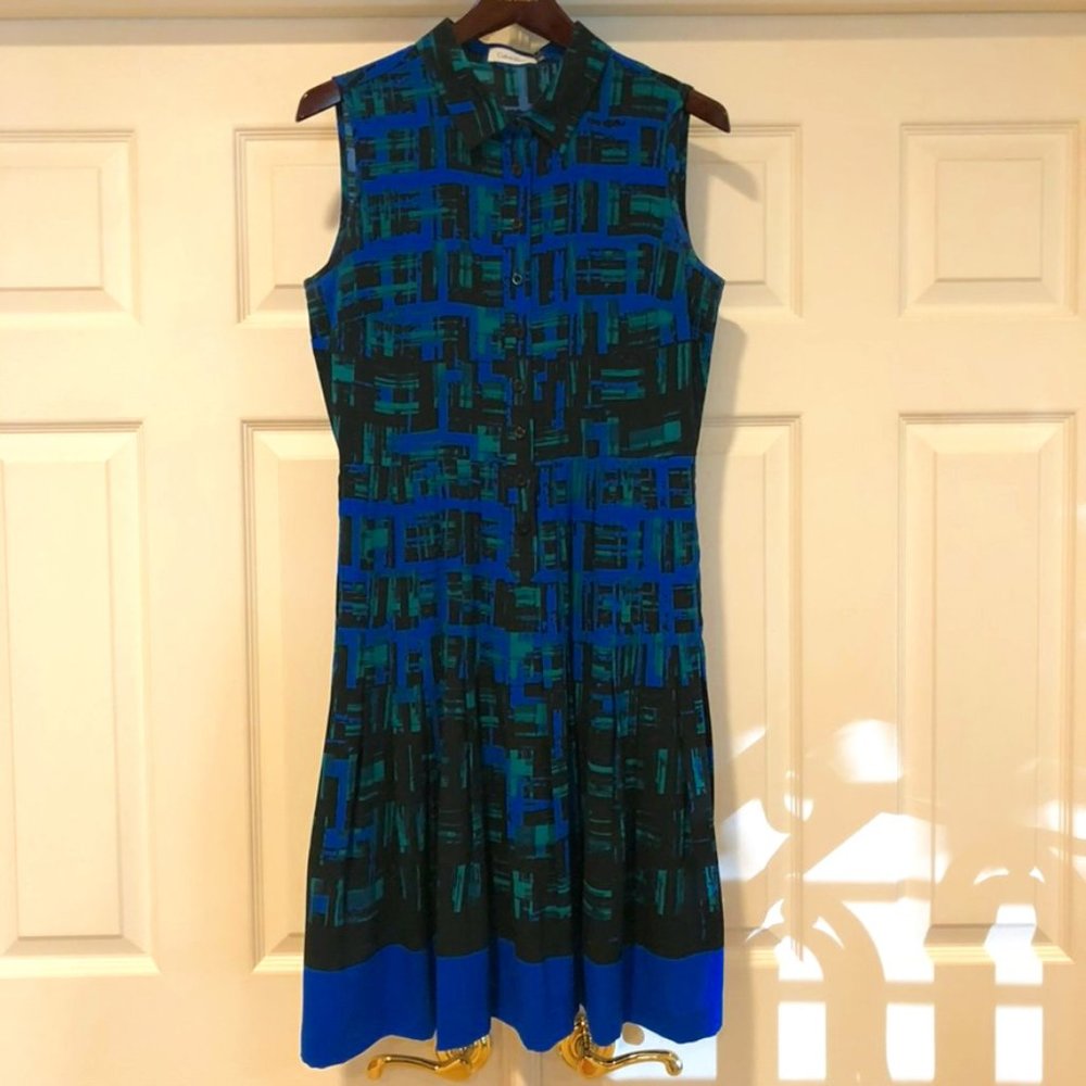CALVIN KLEIN Sleeveless Pleated Skirt Button Up Collared Dress Geometric 8